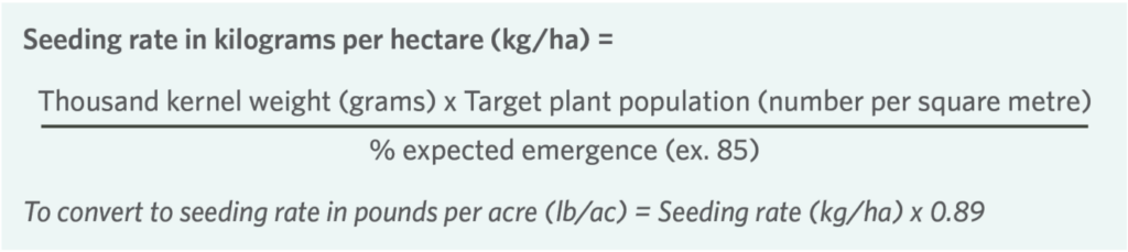 Seeding rate in kilograms per hectare = [Thousand kernel weight in grams x Target plant population (number per square metre)] / [% expected emergence (ex. 85)] To convert to seeding rate in pounds per acre (lb/ac) = Seeding rate (kg/ha) x 0.89